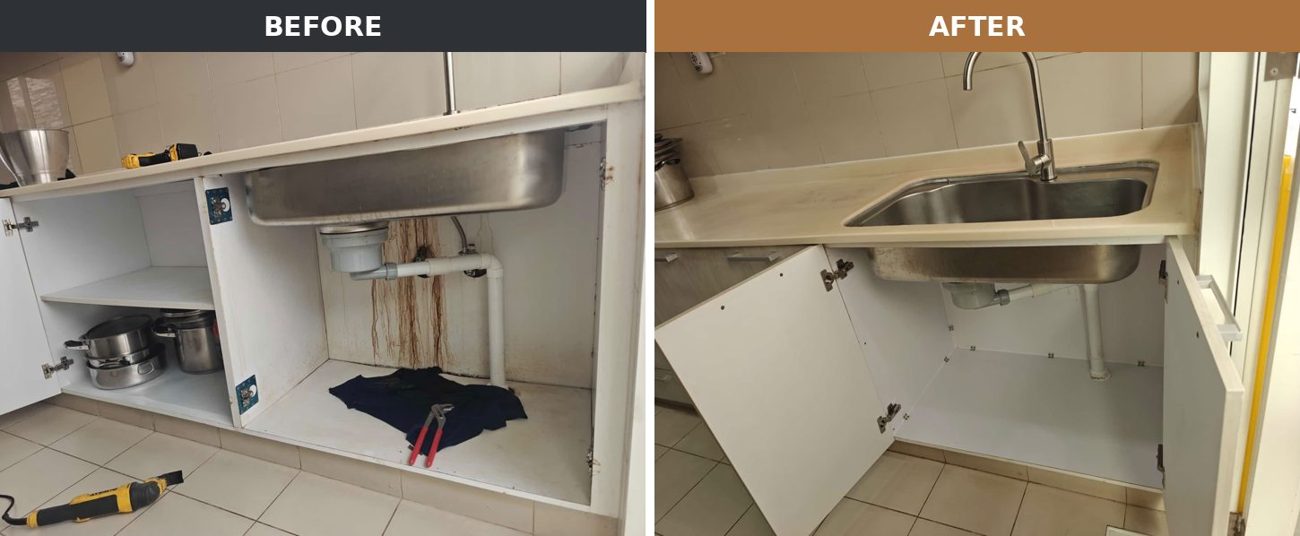 Water-damaged under-sink cabinet restored