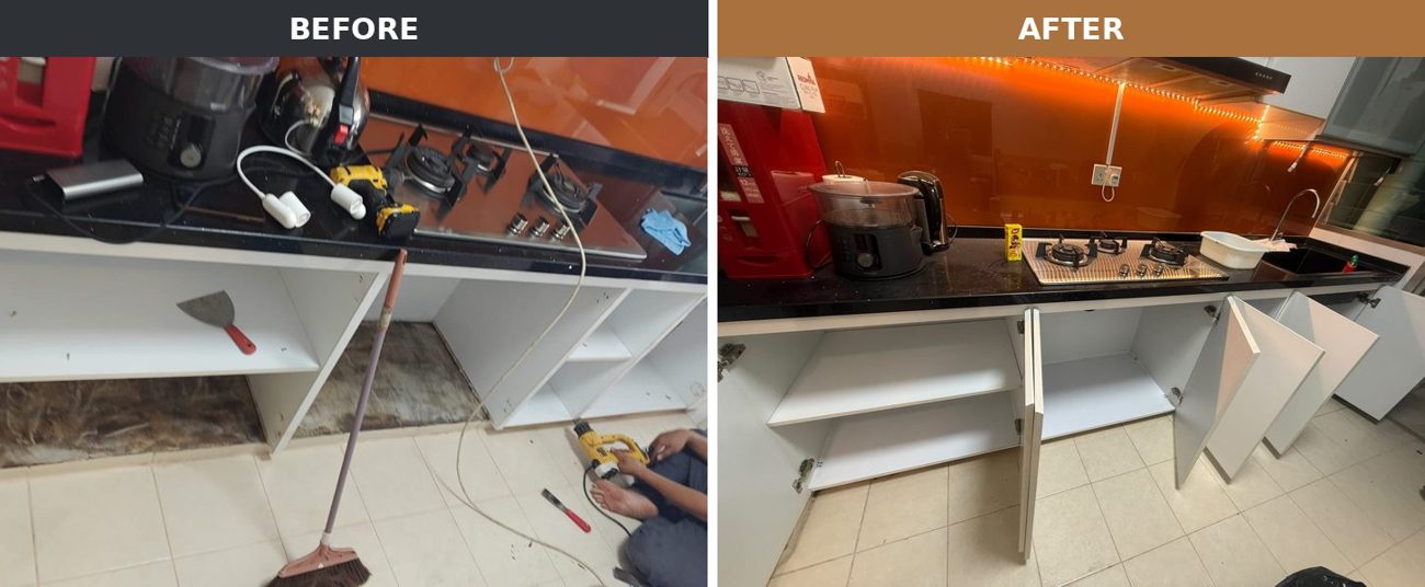 Kitchen cabinet base repair & clean-up