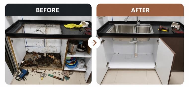 Water-damaged sink cabinet restored to like-new