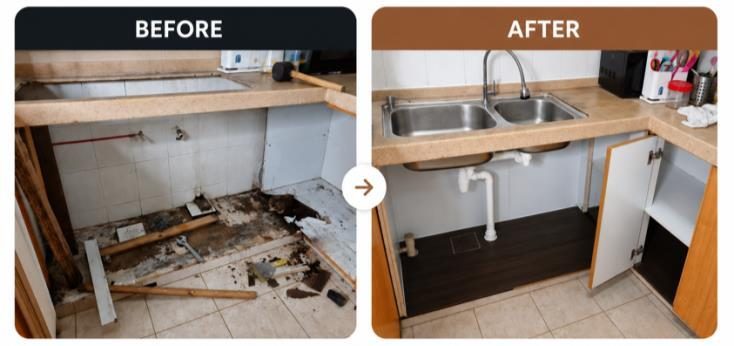 Rotten base cabinet rebuilt & re-plumbed